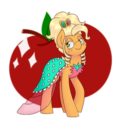 Size: 1067x1070 | Tagged: safe, artist:melodicmarzipan, artist:notenoughapples, applejack, earth pony, pony, g4, alternate hairstyle, apple, applejewel, clothes, collaboration, dress, female, food, jewelry, simple background, solo, transparent background