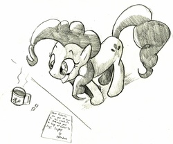 Size: 1280x1066 | Tagged: safe, artist:matugi, pinkie pie, g4, black and white, coffee, female, food, grayscale, grin, heart, letter, monochrome, pinkie found the coffee, prank, solo, sugarcube, traditional art, xk-class end-of-the-world scenario