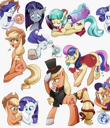 Size: 776x900 | Tagged: safe, artist:foresart, applejack, bon bon, coco pommel, rarity, sweetie drops, earth pony, pony, unicorn, g4, applejack also dresses in style, blanket, candy, candy bag, card, clothes, cowboy hat, female, food, hair dryer, hat, hay stalk, hoofshake, lesbian, levitation, lollipop, magic, magician outfit, mirror, mouth hold, pixiv, ship:rarijack, shipping, simple background, straw in mouth, suit, telekinesis, top hat, towel, wet, wet mane, wet mane rarity, white background