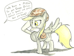 Size: 1243x952 | Tagged: safe, artist:matugi, derpy hooves, pegasus, pony, g4, army helmet, dialogue, female, helmet, mail, mailbag, mare, mouth hold, salute, solo, traditional art