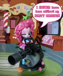Size: 1000x1204 | Tagged: safe, artist:texasuberalles, gummy, pinkie pie, alligator, human, equestria girls, g4, clothes, cupcake, dialogue, doll, duo, equestria girls minis, eqventures of the minis, food, gun, hat, heavy (tf2), heavy weapons pie, minigun, party hat, skirt, smiling, sugarcube corner, team fortress 2, toy, weapon, wink