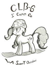 Size: 1062x1307 | Tagged: safe, artist:matugi, pinkie pie, g4, army helmet, black and white, female, grayscale, helmet, monochrome, smiling, solo, traditional art