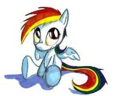 Size: 559x446 | Tagged: safe, artist:matugi, rainbow dash, g4, cute, female, sitting, smiling, solo, traditional art