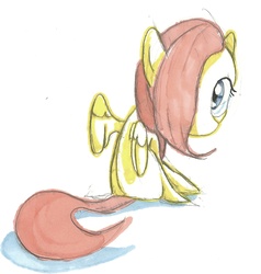 Size: 1012x1063 | Tagged: safe, artist:matugi, fluttershy, g4, chibi, cute, female, hair over one eye, looking back, shyabetes, sitting, solo, traditional art