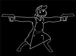 Size: 800x586 | Tagged: safe, artist:galgannet, earth pony, pony, fallout equestria, fallout equestria: the rovers, bipedal, clothes, coat, crossover, equilibrium (film), gun, parody, pistol, solo, vault boy