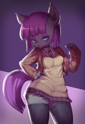 Size: 575x835 | Tagged: safe, artist:wtcolor, maud pie, earth pony, anthro, g4, clothes, female, jacket, pleated skirt, skirt, socks, solo, thigh highs, zettai ryouiki