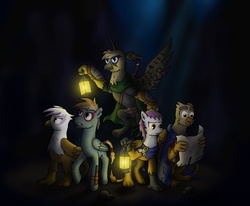 Size: 1700x1400 | Tagged: safe, artist:raugos, gilda, oc, oc:lenny redtail, bird, griffon, hippogriff, hybrid, owl, owl griffon, pony, fanfic:expedition, g4, armor, cape, clothes, cover art, expedition, fanfic art, griffon oc, knife, lantern, not owlowiscious, not species swap, sword, weapon