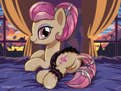 Size: 800x600 | Tagged: safe, artist:rangelost, fleur de verre, crystal pony, pony, g4, bed, bedroom eyes, dock, featureless crotch, female, garter, mare, on bed, pixel art, solo, sunset