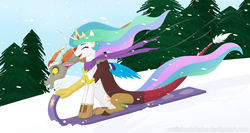 Size: 1500x800 | Tagged: safe, artist:shadobabe, discord, princess celestia, g4, clothes, female, fir tree, male, scarf, ship:dislestia, shipping, sled, sledding, smiling, snow, snowfall, straight