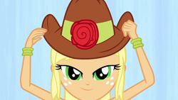 Size: 1920x1080 | Tagged: safe, applejack, equestria girls, g4, female, hat, solo