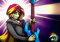 Size: 1754x1240 | Tagged: safe, artist:rambopvp, rainbow dash, sunset shimmer, equestria girls, g4, duo, guitar