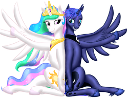 Size: 1280x1024 | Tagged: safe, artist:vasillium, princess celestia, princess luna, alicorn, pony, g4, back to back, concave belly, duo, prince artemis, rule 63, simple background, sitting, slender, thin, unshorn fetlocks, white background