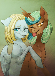 Size: 2376x3264 | Tagged: safe, artist:opalacorn, oc, oc only, oc:golden dust, oc:spearemint, pony, duo, high res