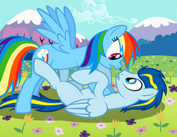Size: 1089x843 | Tagged: safe, artist:royalrainbow51, rainbow dash, oc, oc:ford mustang, pony, g4, canon x oc, duo, female, male, shipping, straight