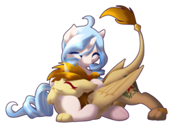 Size: 3075x2295 | Tagged: safe, artist:fuyusfox, oc, oc only, oc:katya ironstead, oc:opuscule antiquity, pony, sphinx, unicorn, cuddling, cute, duo, female, high res, paws, petting, snuggling, species swap, sphinx oc, sphinxified