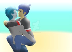 Size: 1600x1163 | Tagged: safe, artist:supermaxx92, flash sentry, thunderbass, equestria girls, g4, beach, butt touch, gay, hand on butt, male, shipping, thunderflash, watermark