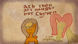 Size: 1600x900 | Tagged: safe, artist:bonesoup, applejack, fluttershy, comic:the tales of canterlot, g4, comic, middle english