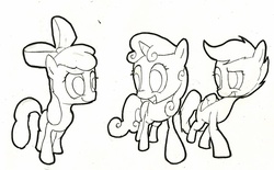 Size: 1280x795 | Tagged: safe, artist:matugi, apple bloom, scootaloo, sweetie belle, g4, black and white, cutie mark crusaders, grayscale, grin, monochrome, nose wrinkle, smiling, traditional art
