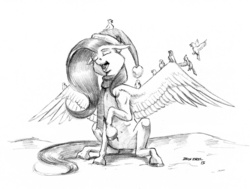 Size: 1100x833 | Tagged: safe, artist:baron engel, fluttershy, bird, g4, clothes, female, grayscale, hat, monochrome, pencil drawing, scarf, singing, solo, traditional art