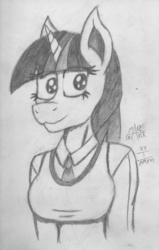 Size: 712x1122 | Tagged: safe, artist:mane-shaker, twilight sparkle, unicorn, anthro, g4, clothes, female, grayscale, looking at you, monochrome, necktie, pencil drawing, shirt, solo, traditional art