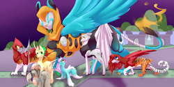 Size: 1280x640 | Tagged: safe, artist:severus, oc, oc only, oc:windswept, deer, dracony, griffon, hybrid, kelpie, sphinx, sphinx oc, stories from the front, story included