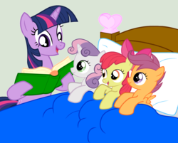Size: 1024x822 | Tagged: safe, artist:kwark85, color edit, edit, apple bloom, scootaloo, sweetie belle, twilight sparkle, g4, bed, bedtime story, book, cute, cutie mark crusaders, reading, vector
