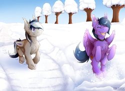 Size: 2200x1600 | Tagged: safe, artist:colarix, oc, oc only, oc:daturea eventide, oc:feather freight, bat pony, pegasus, pony, chest fluff, collar, eyes closed, fluffy, open mouth, outdoors, pet play, playing, snow, tree, winter