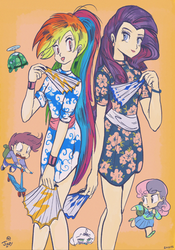 Size: 671x956 | Tagged: safe, artist:jowyb, opalescence, rainbow dash, rarity, scootaloo, sweetie belle, tank, human, g4, anime, cheongsam, chibi, clothes, fan, humanized, manga, style emulation, takahashi rumiko