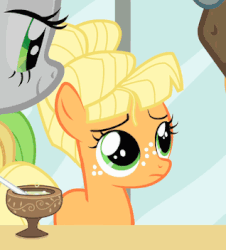Size: 318x351 | Tagged: safe, screencap, applejack, aunt orange, uncle orange, earth pony, pony, g4, the cutie mark chronicles, alternate hairstyle, animated, blinking, cute, female, filly, jackabetes, open mouth, smiling, younger