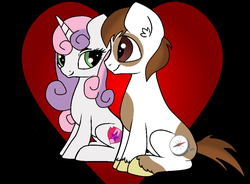 Size: 990x730 | Tagged: safe, artist:princessangeldust, pipsqueak, sweetie belle, earth pony, pony, unicorn, g4, alternate cutie mark, black background, ear fluff, female, heart, male, mare, older, older pipsqueak, older sweetie belle, ship:sweetiesqueak, shipping, simple background, sitting, stallion, straight, unshorn fetlocks