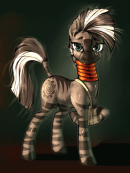 Size: 1000x1333 | Tagged: safe, artist:madhotaru, zecora, zebra, g4, female, gradient background, injured, looking at you, missing accessory, scar, simple background, smiling, solo