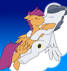 Size: 1024x1095 | Tagged: safe, artist:princessangeldust, rumble, scootaloo, pegasus, pony, g4, cloud, duo, female, kiss on the lips, kissing, male, older, ship:rumbloo, shipping, straight