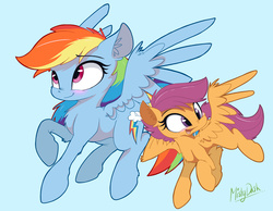 Size: 2988x2314 | Tagged: safe, artist:mistydash, rainbow dash, scootaloo, pegasus, pony, g4, blushing, female, filly, flying, high res, mare, open mouth, raised hoof, signature, sky, smiling, spread wings