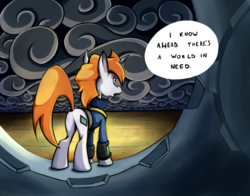 Size: 830x650 | Tagged: safe, artist:wigmania, oc, oc only, oc:littlepip, pony, unicorn, fallout equestria, butt, clothes, comic, determined, fanfic, fanfic art, female, hooves, horn, jumpsuit, lightbringer, looking away, mare, open mouth, pipbuck, plot, solo, speech, speech bubble, stable door, toaster repair pony, vault door, vault suit, wasteland