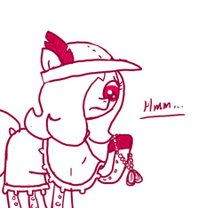 Size: 640x600 | Tagged: safe, artist:ficficponyfic, oc, oc only, oc:emerald jewel, colt quest, child, clothes, colt, dog tags, femboy, foal, hat, male, metal, monochrome, story included, thinking, trap