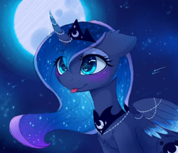 Size: 2500x2150 | Tagged: safe, artist:magnaluna, princess luna, alicorn, pony, blushing, chest fluff, cute, female, horn jewelry, jewelry, lunabetes, mare, moon, shooting star, solo, tongue out, wingding eyes