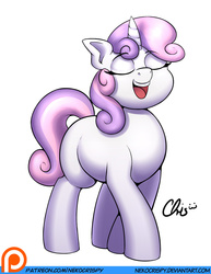Size: 892x1155 | Tagged: safe, artist:nekocrispy, sweetie belle, pony, unicorn, g4, eyes closed, female, filly, open mouth, patreon, patreon logo, simple background, smiling, solo, white background