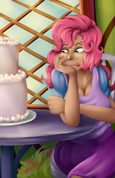 Size: 3300x5100 | Tagged: safe, artist:grennadder, pinkie pie, human, g4, cake, female, food, humanized, solo