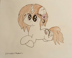 Size: 1242x1007 | Tagged: safe, artist:bronybehindthedoor, oc, oc only, pony, unicorn, prone, solo, traditional art