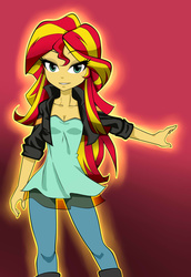 Size: 1100x1600 | Tagged: safe, artist:nekojackun, sunset shimmer, equestria girls, g4, aura, cleavage, clothes, female, pants, solo