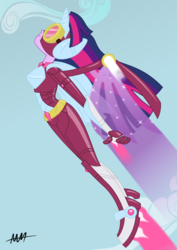 Size: 4961x7016 | Tagged: safe, artist:drewdini, twilight sparkle, equestria girls, g4, power ponies (episode), absurd resolution, equestrian city, female, goggles, masked matter-horn costume, power ponies, pulp hero, solo, the rocketeer