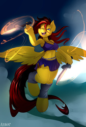 Size: 1300x1920 | Tagged: safe, artist:noben, oc, oc only, oc:ferrfire, pegasus, anthro, unguligrade anthro, armpits, belly button, cleavage, clothes, female, leg warmers, midriff, skirt, solo, sports bra, sword, weapon