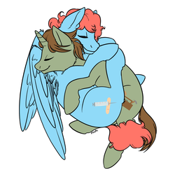 Size: 2100x2100 | Tagged: safe, artist:floots, oc, oc only, oc:chisel, oc:stitch, pegasus, pony, unicorn, commission, cuddling, high res, on side, simple background, snuggling