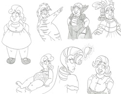 Size: 3250x2533 | Tagged: safe, artist:catstuxedo, rarity, sweetie belle, human, g4, luna eclipsed, magic duel, scare master, the show stoppers, twilight time, barefoot, chubby, clothes, costume, fat, feet, high res, horn, horned humanization, humanized, monochrome, nightmare night costume, scene interpretation, simple background, sweetie belly, swimsuit, white background