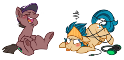 Size: 594x287 | Tagged: safe, artist:metalmane, oc, oc only, oc:bytes, oc:hertz, pony, hat, headphones, laughing, silly, silly pony, simple background, transparent background