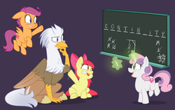 Size: 1585x1000 | Tagged: safe, artist:metalmane, apple bloom, scootaloo, sweetie belle, oc, oc:silver quill, classical hippogriff, hippogriff, g4, cutie mark, cutie mark crusaders, hangman, non-pony oc, the cmc's cutie marks