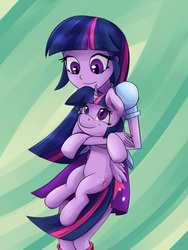 Size: 1024x1365 | Tagged: safe, artist:megagibs, twilight sparkle, alicorn, human, pony, equestria girls, g4, cute, holding a pony, human ponidox, looking at each other, looking at someone, smiling, twiabetes, twilight sparkle (alicorn)