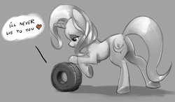 Size: 1280x745 | Tagged: safe, artist:gsphere, trixie, pony, unicorn, g4, bedroom eyes, betrayal, butt, cargo ship, female, grayscale, heart, mare, monochrome, partial color, plot, raised hoof, shipping, smiling, solo, this will end in tears, tire, wheel, wheels trixie