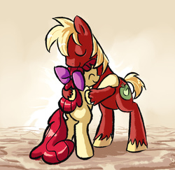 Size: 977x951 | Tagged: safe, artist:gsphere, apple bloom, big macintosh, earth pony, pony, g4, duo, eyes closed, female, filly, foal, hair bow, hug, male, siblings, stallion