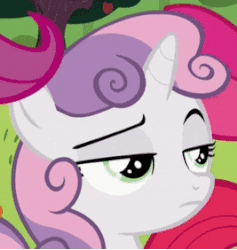 Size: 267x282 | Tagged: safe, screencap, apple bloom, scootaloo, sweetie belle, brotherhooves social, g4, the one where pinkie pie knows, animated, blinking, cropped, cutie mark crusaders, female, gif, loop, raised eyebrow, reaction image, skeptical, sweetie belle is not amused, unamused
